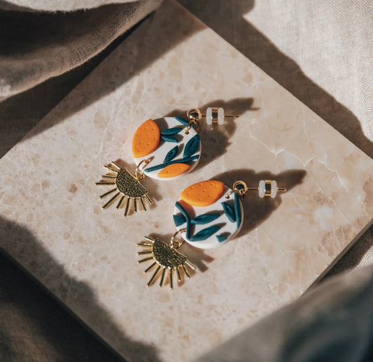 Orange Tree with Brass Drop Earrings, Embroidery