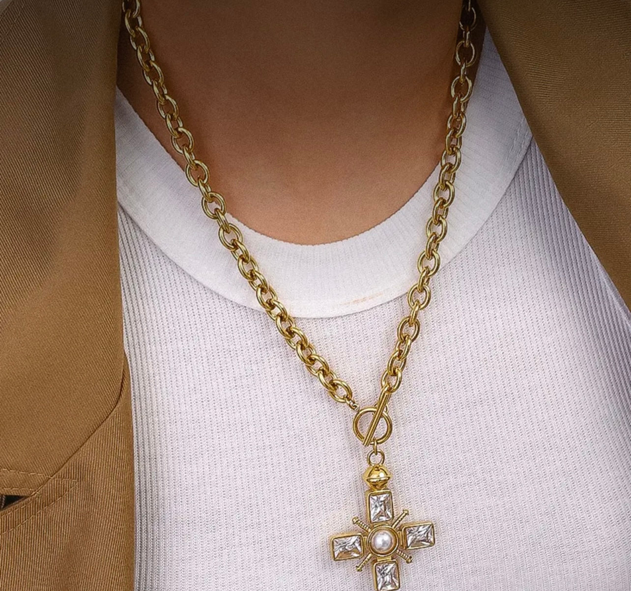 Patrice 18K Gold Non-Tarnish Cross  Necklace