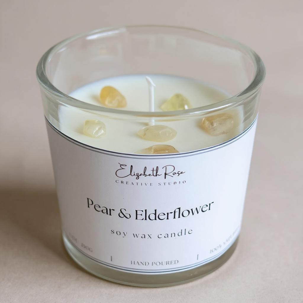 7oz Pear & Elderflower candle with Natural Citrine polished Healing Reiki Crystal Chips.