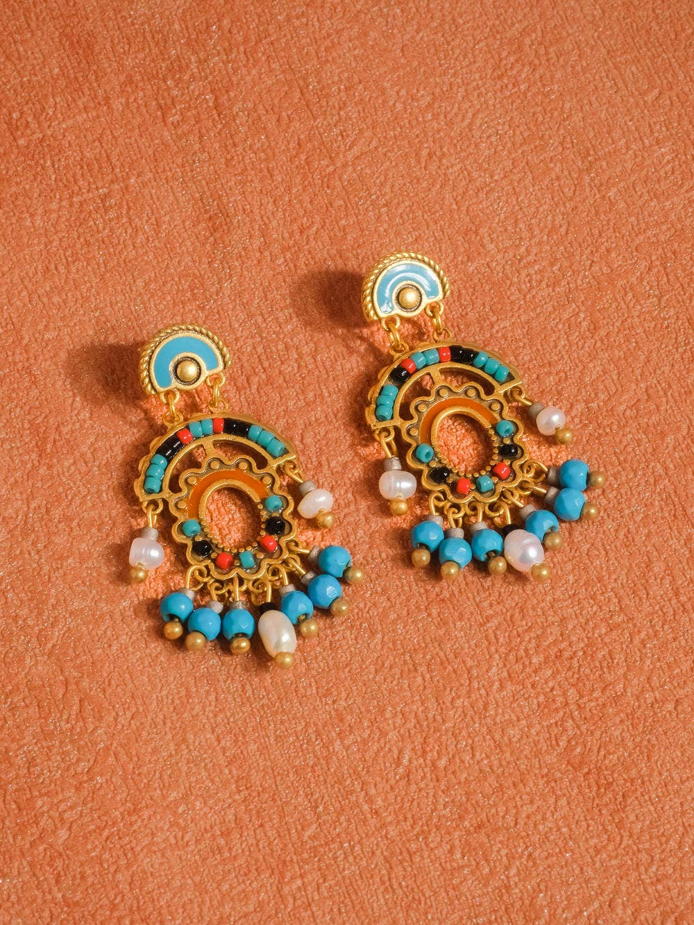 Edwin 18K Gold Boho Oval Tassel Beaded Earring: Blue