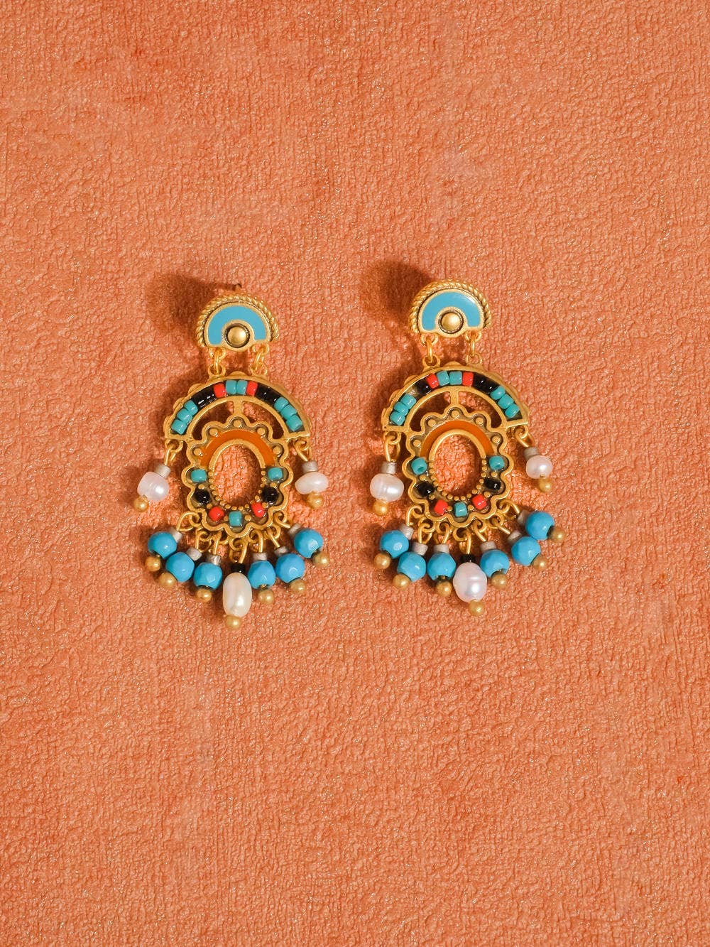 Edwin 18K Gold Boho Oval Tassel Beaded Earring: Blue