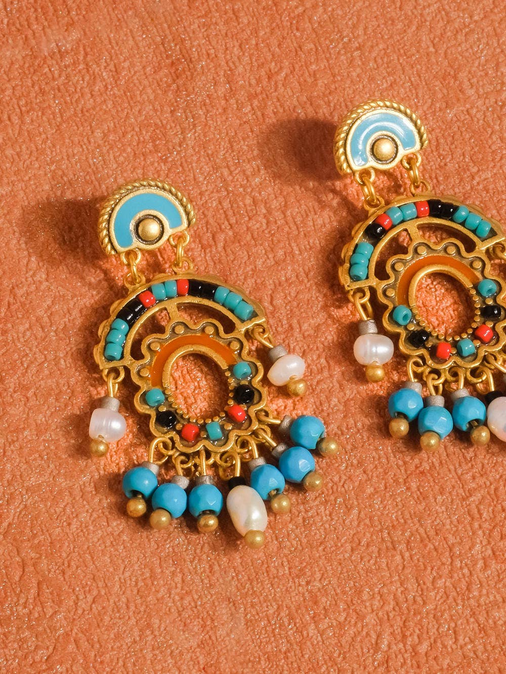 Edwin 18K Gold Boho Oval Tassel Beaded Earring: Blue