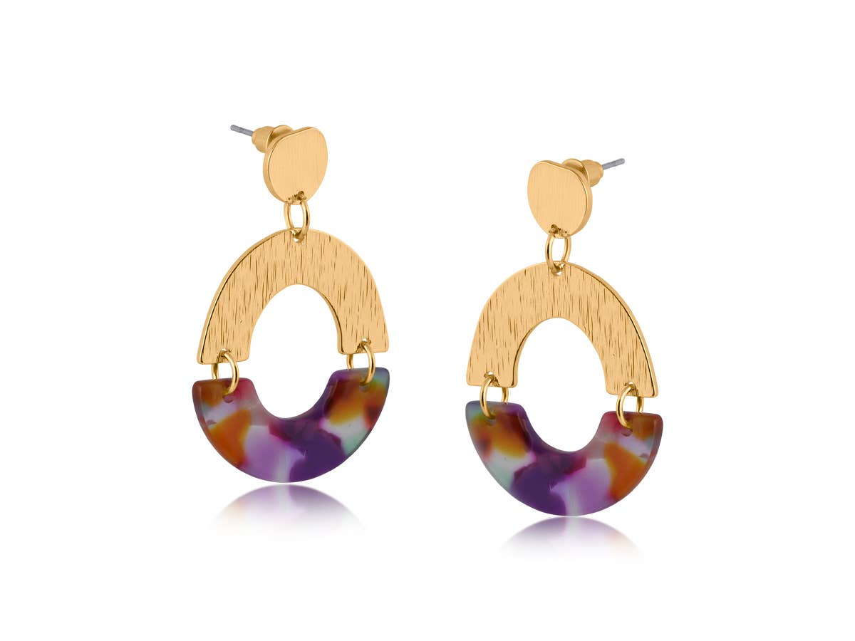 Erica Half Disc Metal and Resin Dangle Earrings: PINK PURPLE