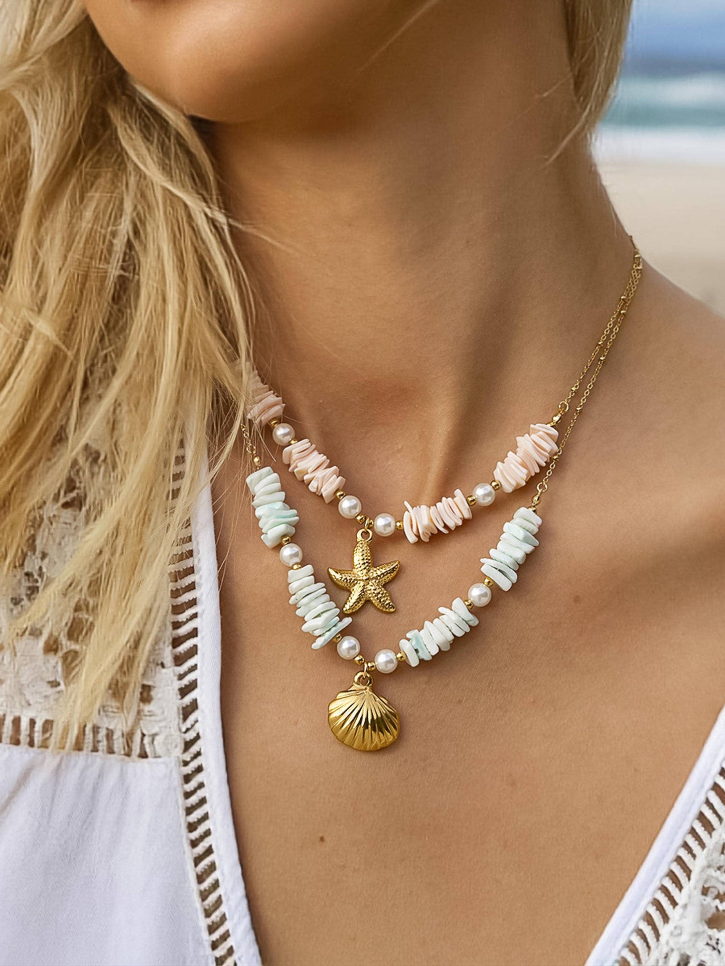 Thelma 18K Gold Non-Tarnish Shell Star Necklace: Multi-Colored