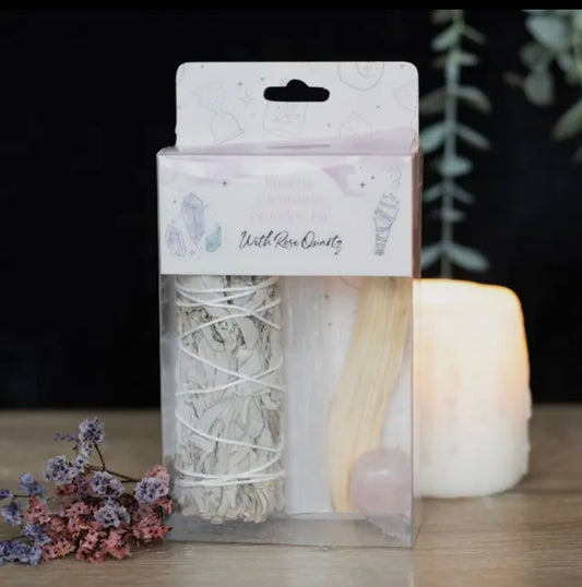 White Smudge Kit with Rose
Quartz Crystal