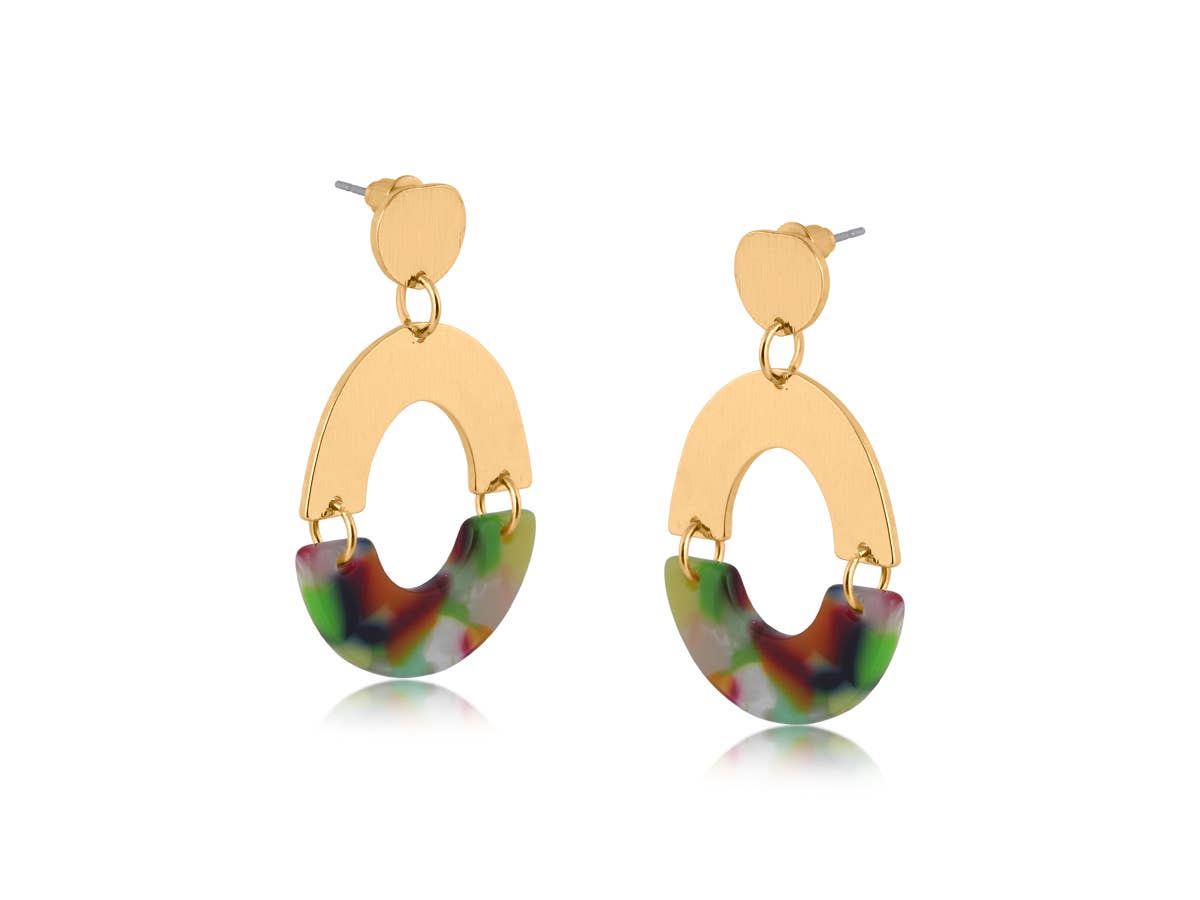 Erica Half Disc Metal and Resin Dangle Earrings: PINK PURPLE